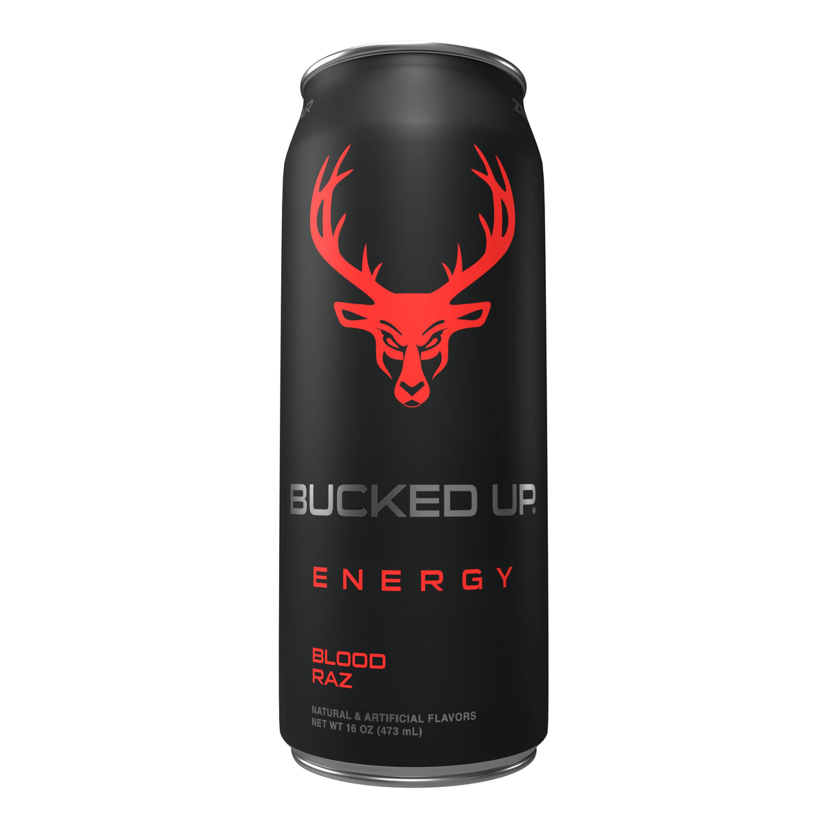 Back view of Bucked Up Blood Raz energy can highlighting zero sugar formula