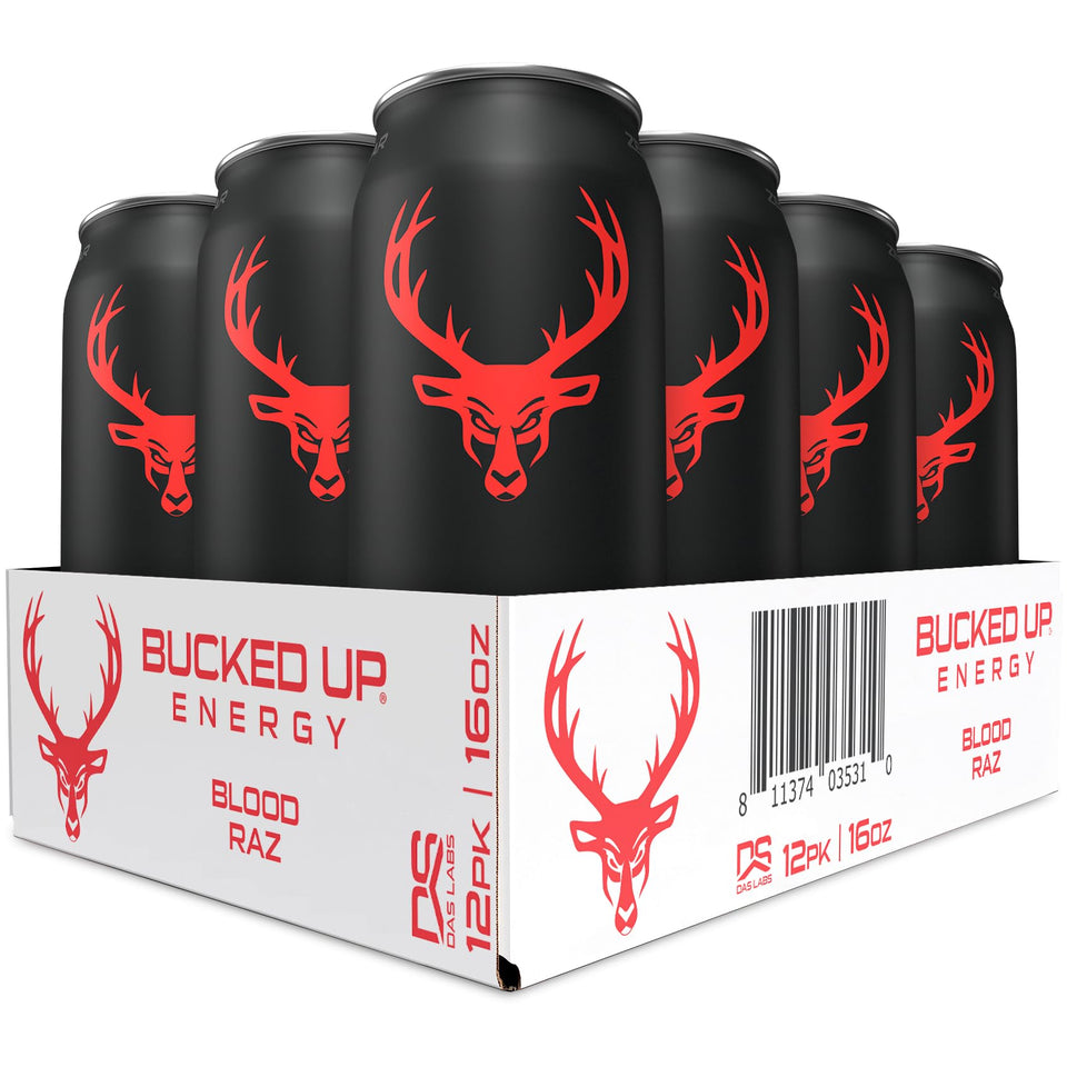 Bucked Up Blood Raz energy can front view for quick caffeine boost