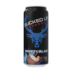 Bucked Up Breezy Blast 300mg energy can back view highlighting sugar-free formula.