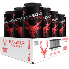 Bucked Up Energy Drink can front highlights Cherry Hard Candy flavor and 300mg caffeine boost
