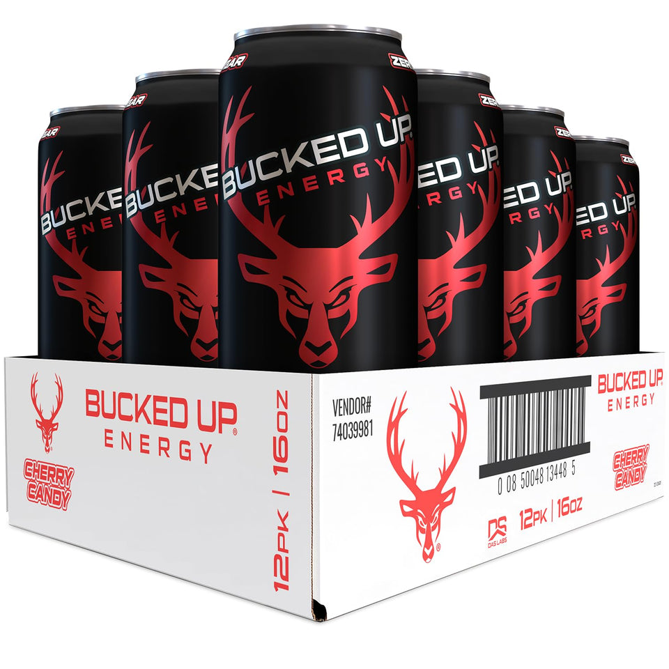 Bucked Up Energy Drink can front highlights Cherry Hard Candy flavor and 300mg caffeine boost