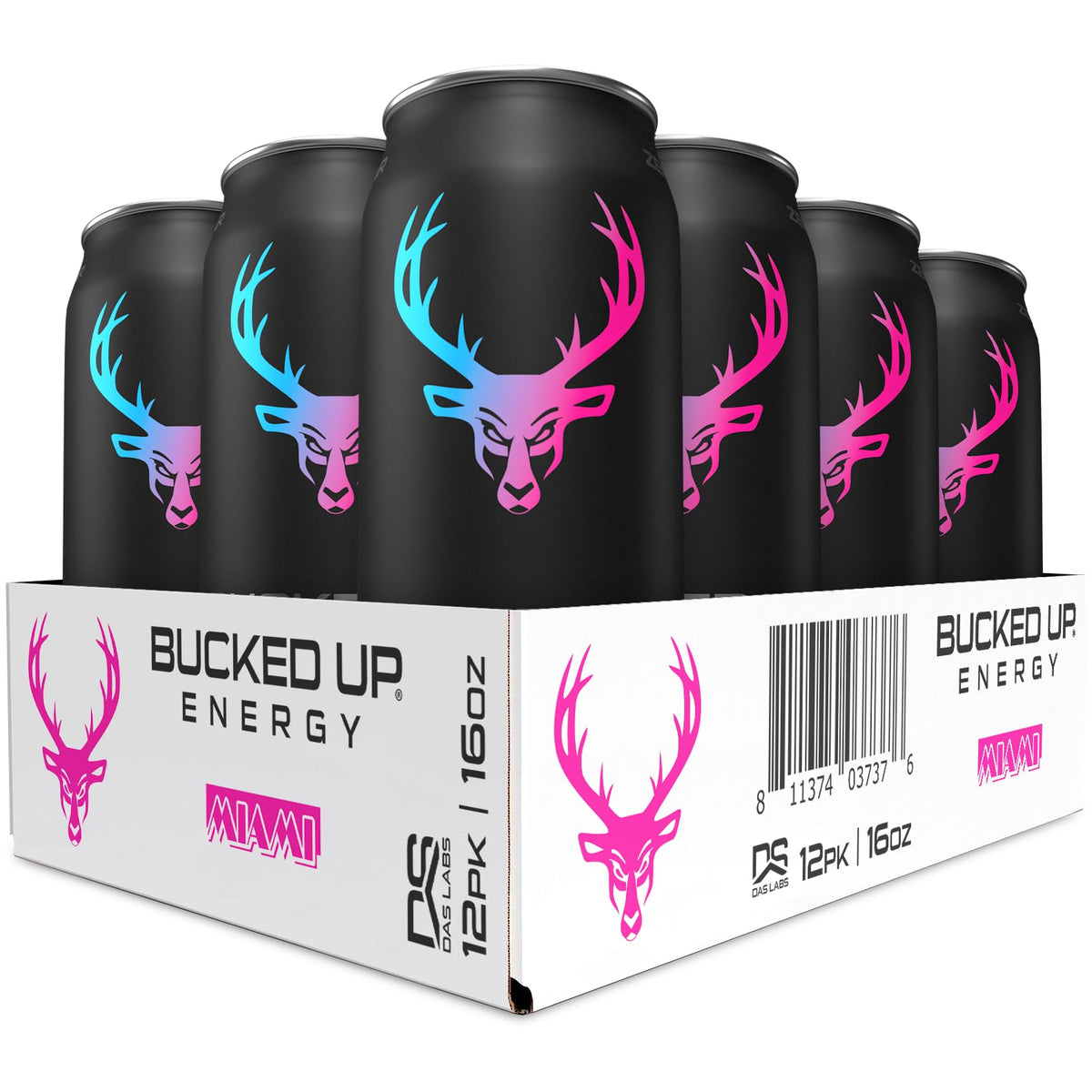 Bucked Up energy drink can front view in Miami design for on-the-go energy
