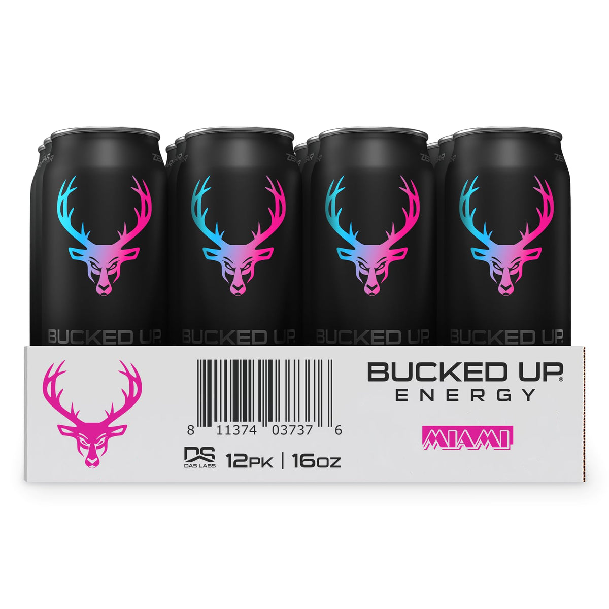 Bucked Up 12-pack display showing standard can size for easy storage