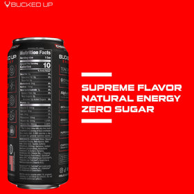 Bucked Up Energy Drink caffeine boost closeup conveys focus-ready energy for workouts