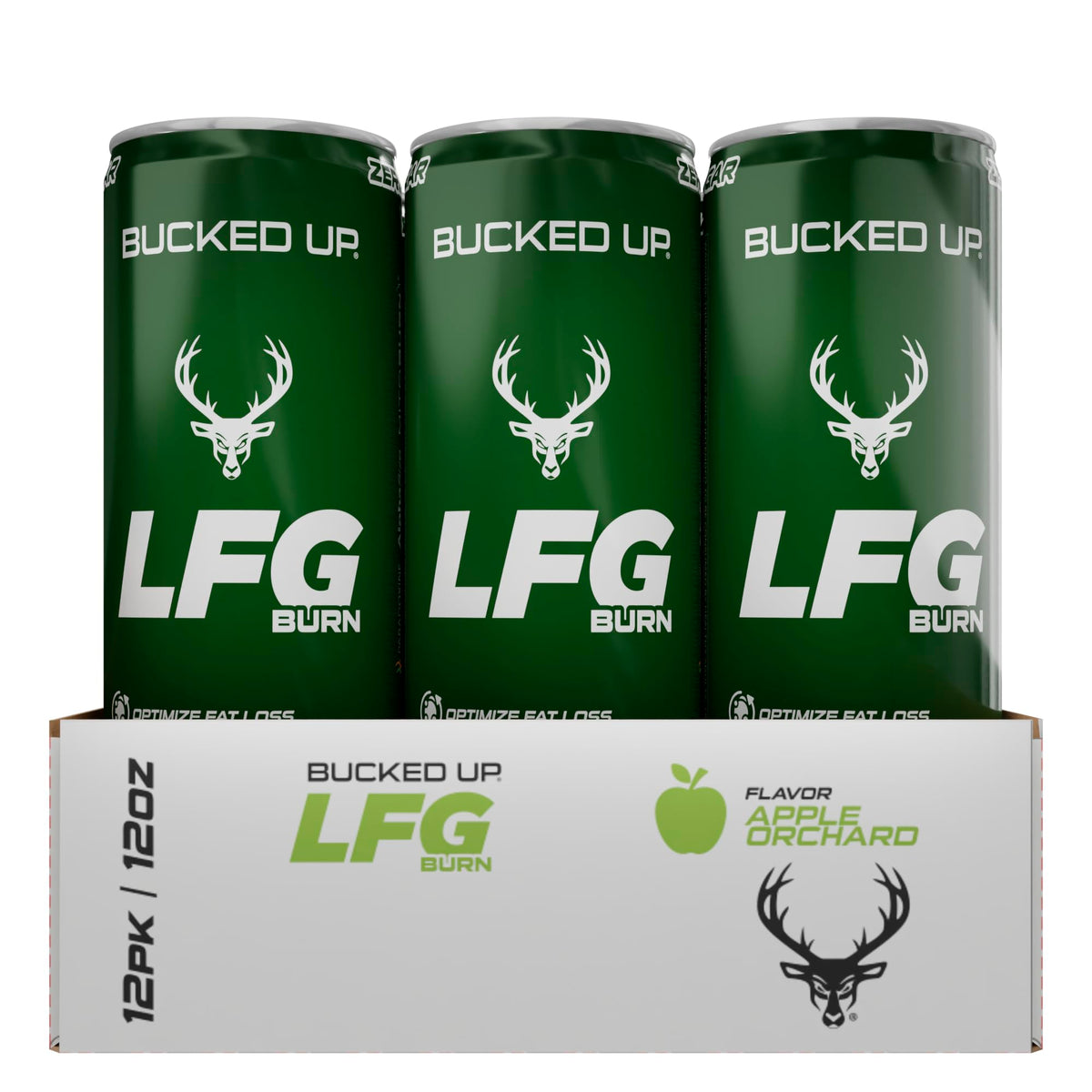 Bucked Up LFG Burn Apple Orchard can on table, showcasing zero sugar formula.