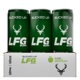 Bucked Up LFG Burn Apple Orchard can on table, showcasing zero sugar formula.