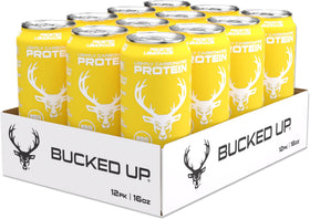 Bucked Up protein soda 12-pack on shelf for convenient on-the-go protein