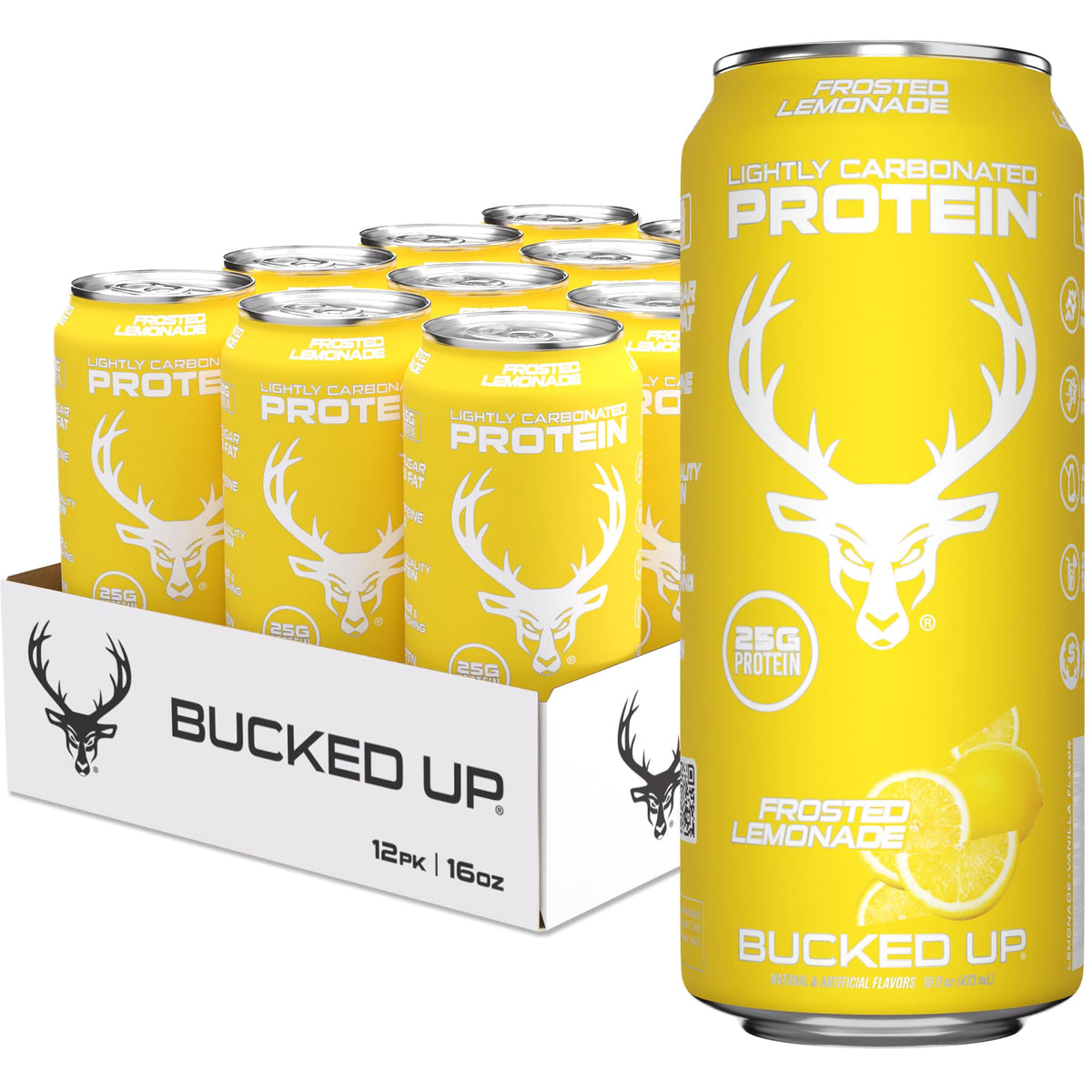 Bucked Up protein soda can front, 25 g whey isolate for post-workout recovery