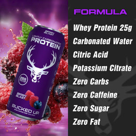 Gym-side display shot shows Bucked Up protein soda ready for workouts.