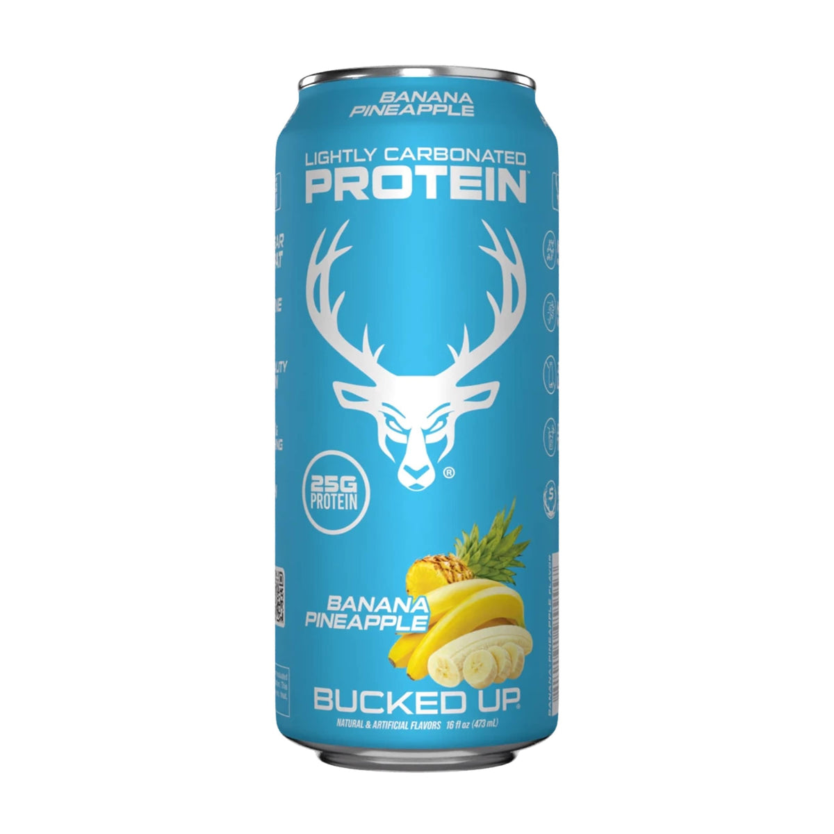 Bucked Up Lightly Carbonated Protein Soda can on gym bench for post-workout refreshment.