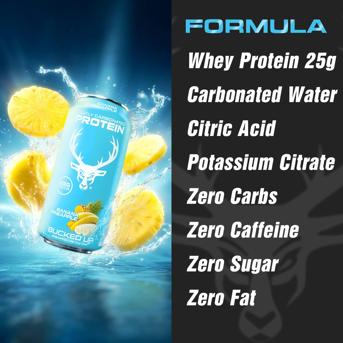 Bucked Up Lightly Carbonated Protein Soda can opening to reveal fizz and refreshing clarity.