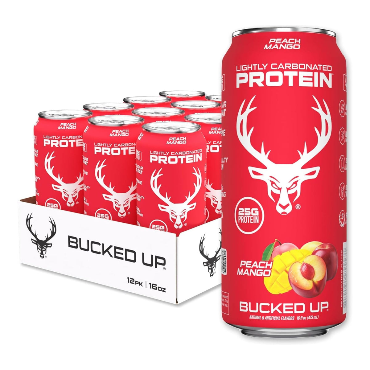 Bucked Up Peach Mango protein soda can, lightly carbonated for a refreshing post-workout boost.