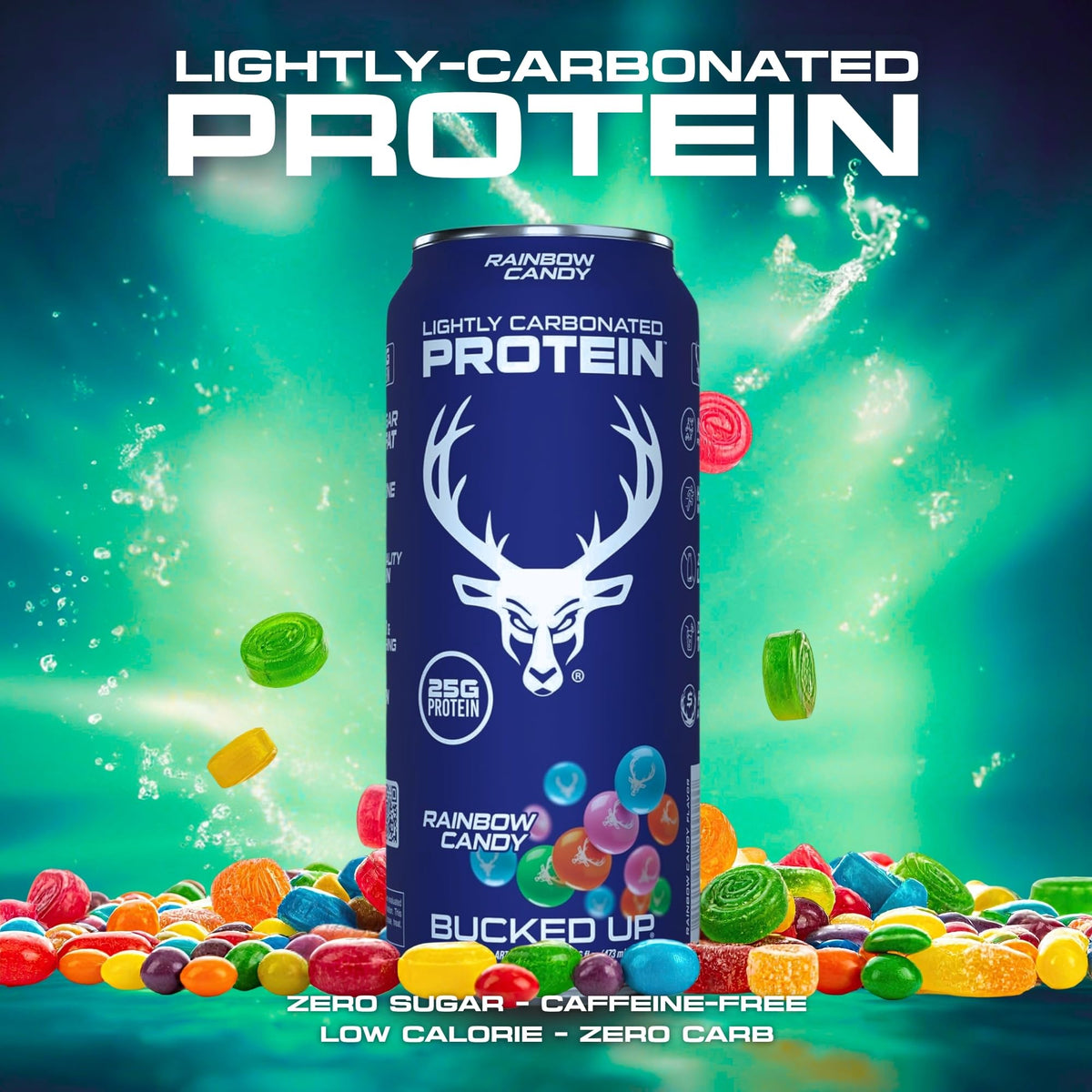 Bucked Up Peach Mango protein soda can, vibrant flavor for gym sessions.