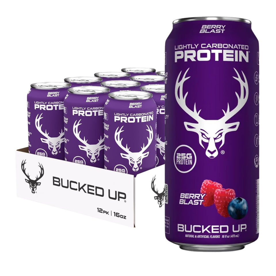 Bucked Up lightly carbonated protein soda peach mango can for post-workout refreshment.