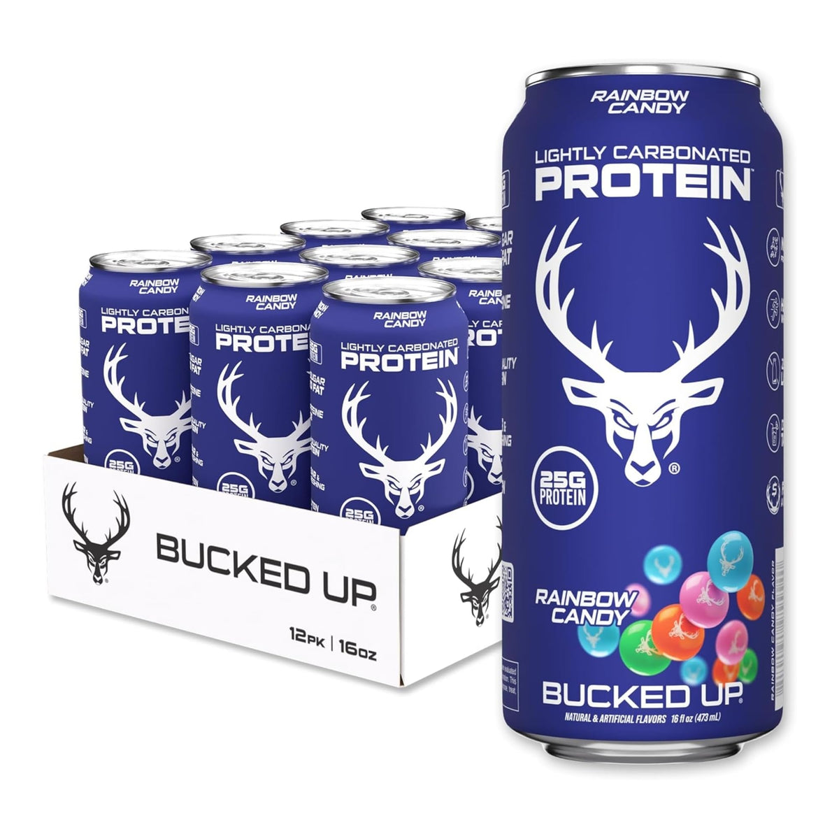 Bucked Up Rainbow Candy protein soda can, refreshing post-workout pick-me-up.