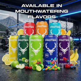 Bucked Up shelf-stable 12-pack, convenient protein soda for home or travel.