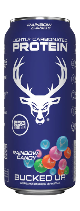 Bucked Up Whey 25g protein soda can, clear, high-protein ready-to-drink.