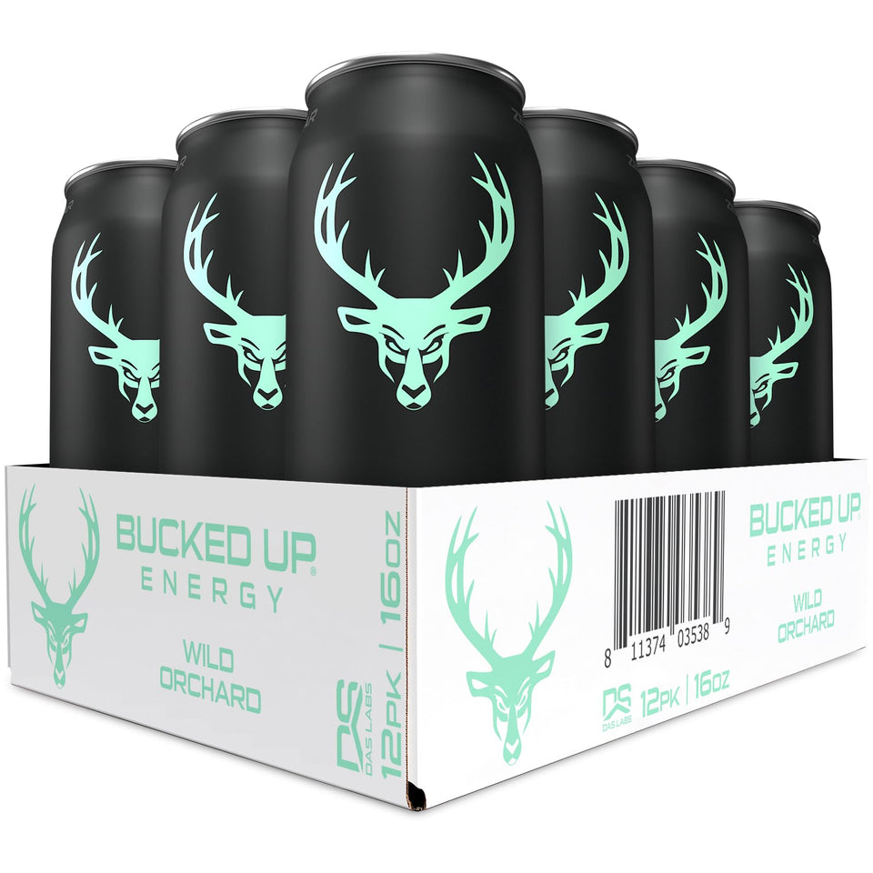 Bucked Up Wild Orchard cans stacked for energy on the go.