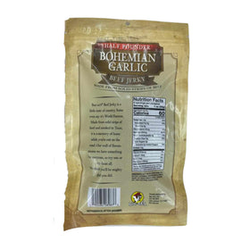 Buc-ee's Bohemian Garlic Beef Jerky texture close-up shows premium beef and garlic infusion for travel snacking.