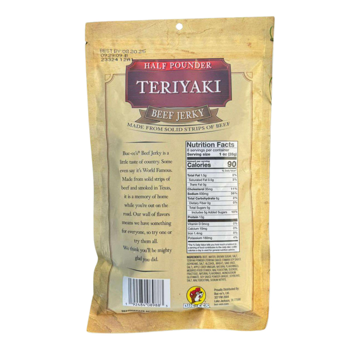 Buc-ee's teriyaki beef jerky close-up highlighting tender premium beef and balanced flavor