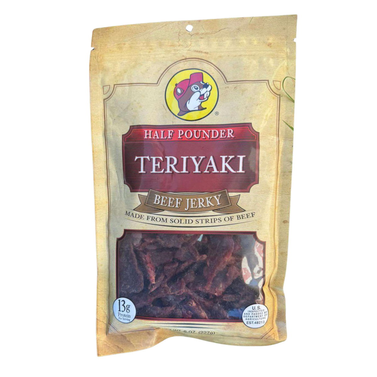 Buc-ee's teriyaki beef jerky pack with resealable pouch for on-the-go snacking