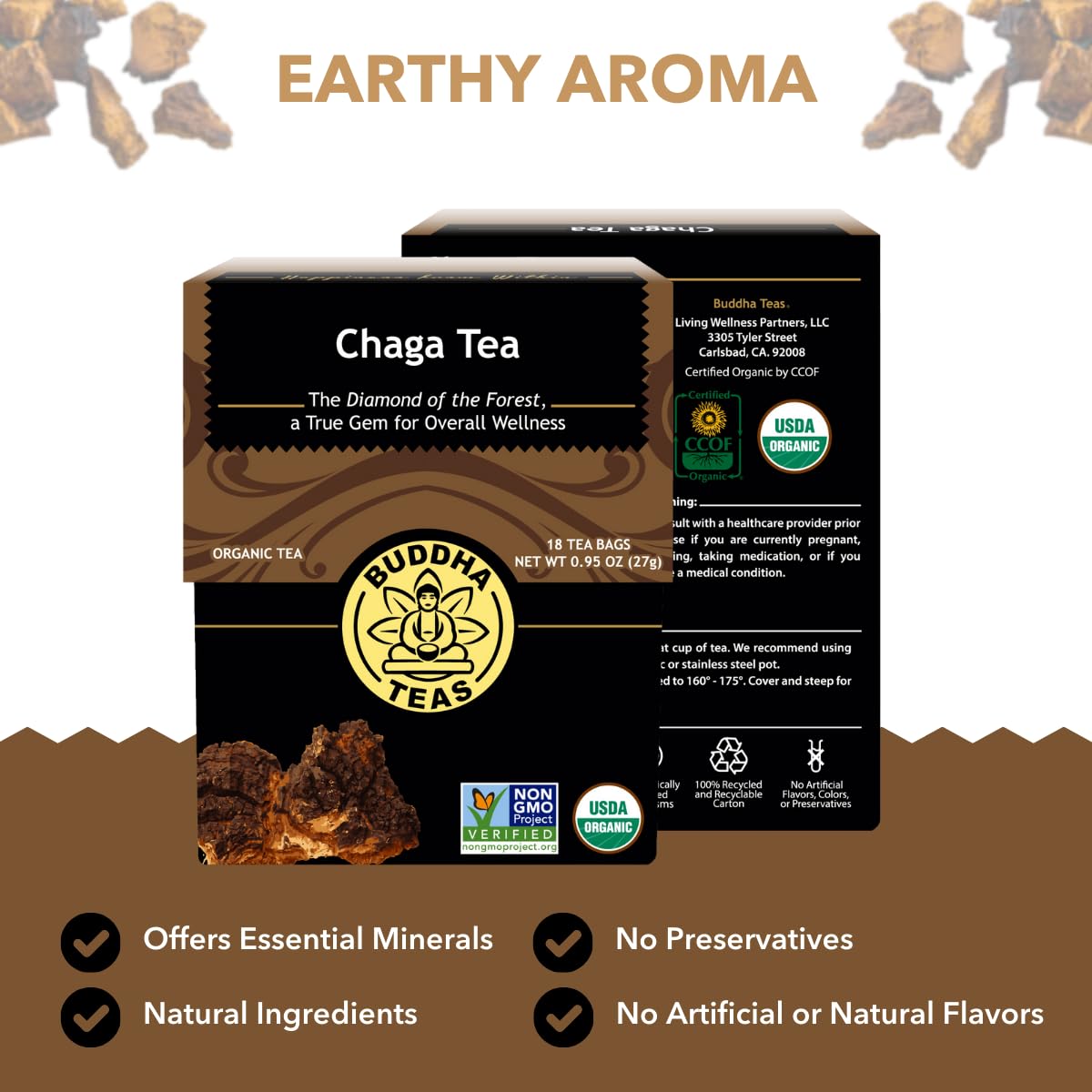 Buddha Teas Chaga Tea bags ready for a soothing, caffeine-free brew.