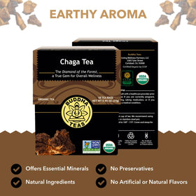 Buddha Teas Chaga Tea bags ready for a soothing, caffeine-free brew.