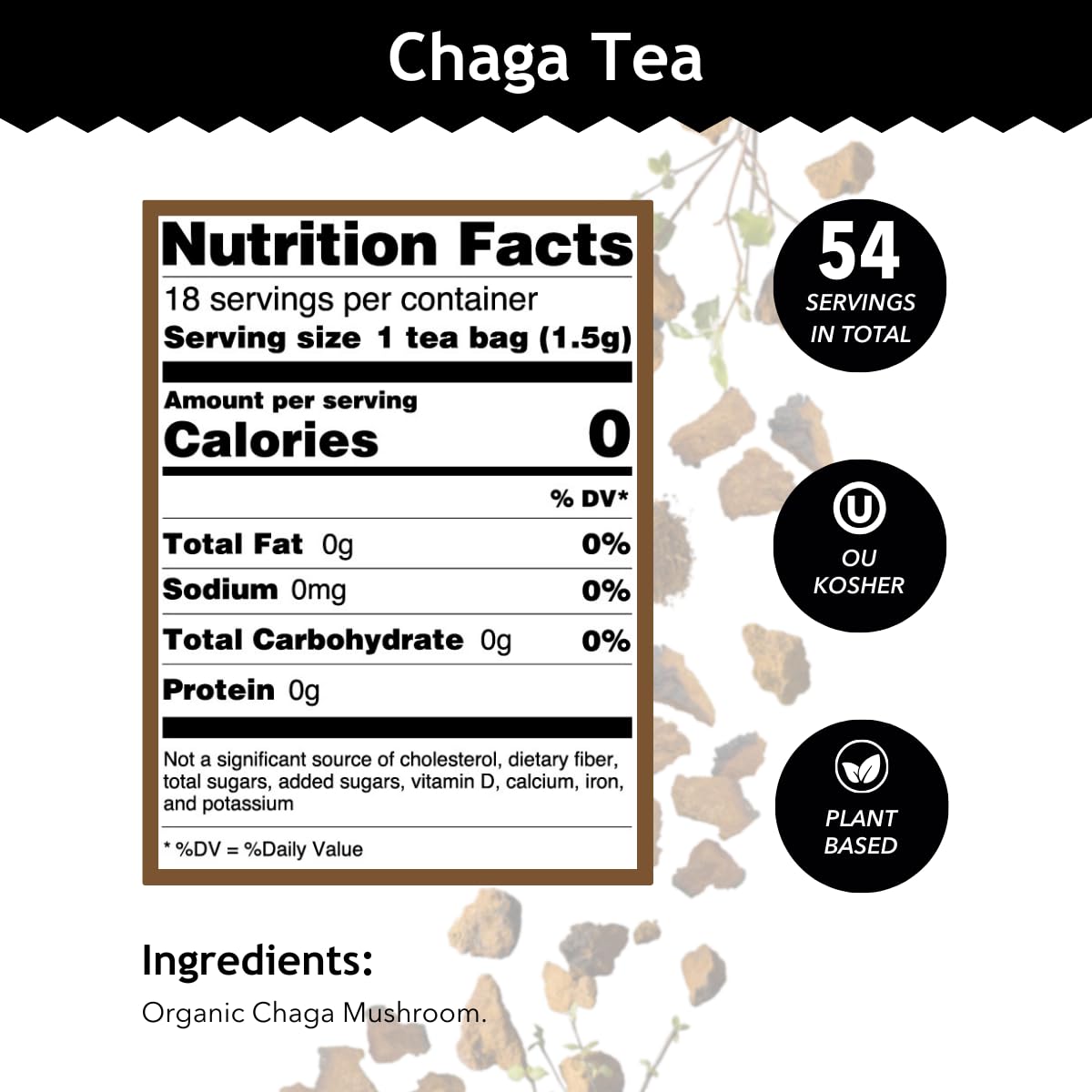 Buddha Teas Chaga Tea cup with steam for calm focus.