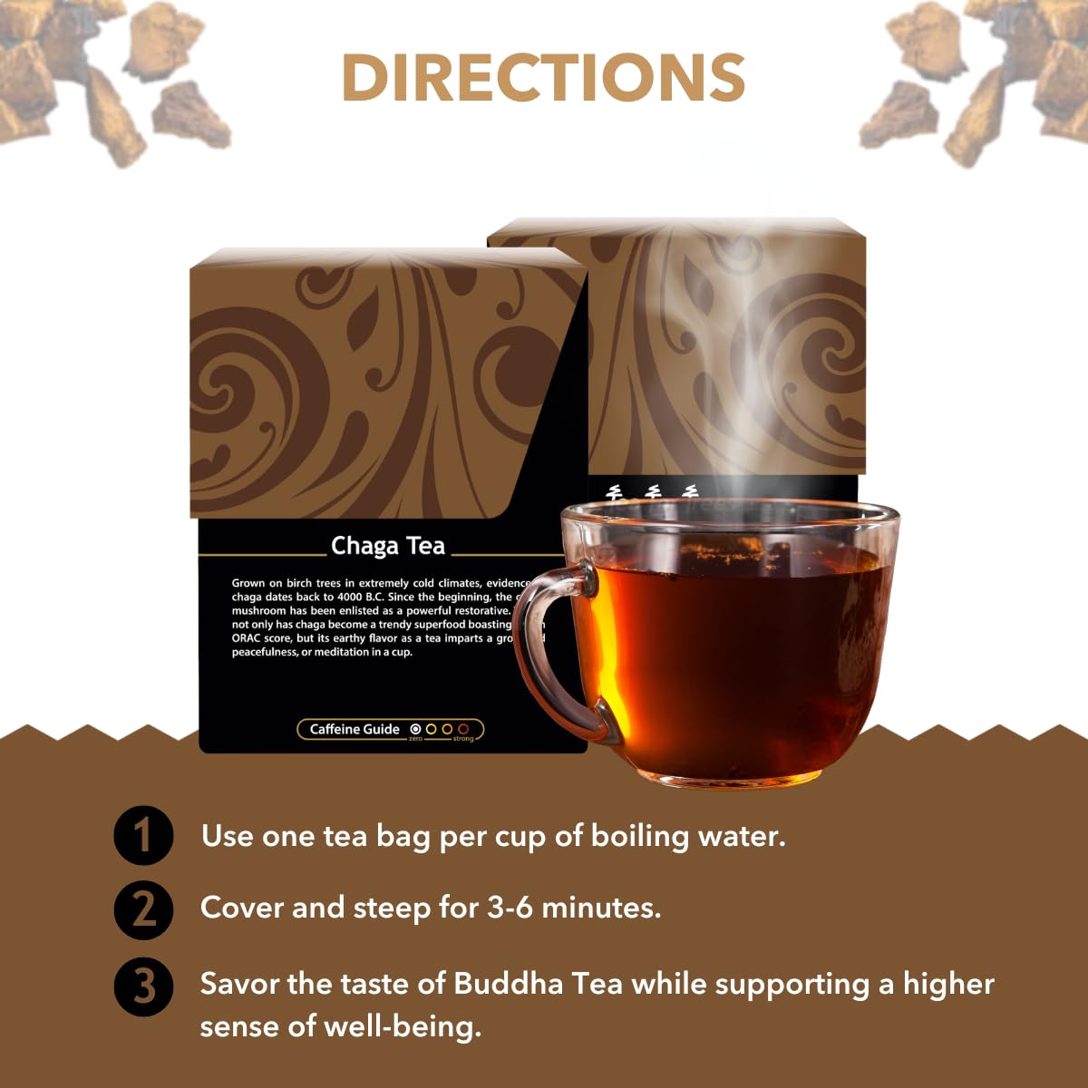 Buddha Teas Chaga Tea dry leaves close-up with earthy aroma.