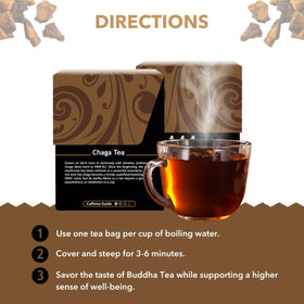 Buddha Teas Chaga Tea dry leaves close-up with earthy aroma.