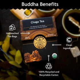 Buddha Teas Chaga Tea packaging front highlights kosher and non-GMO benefits.