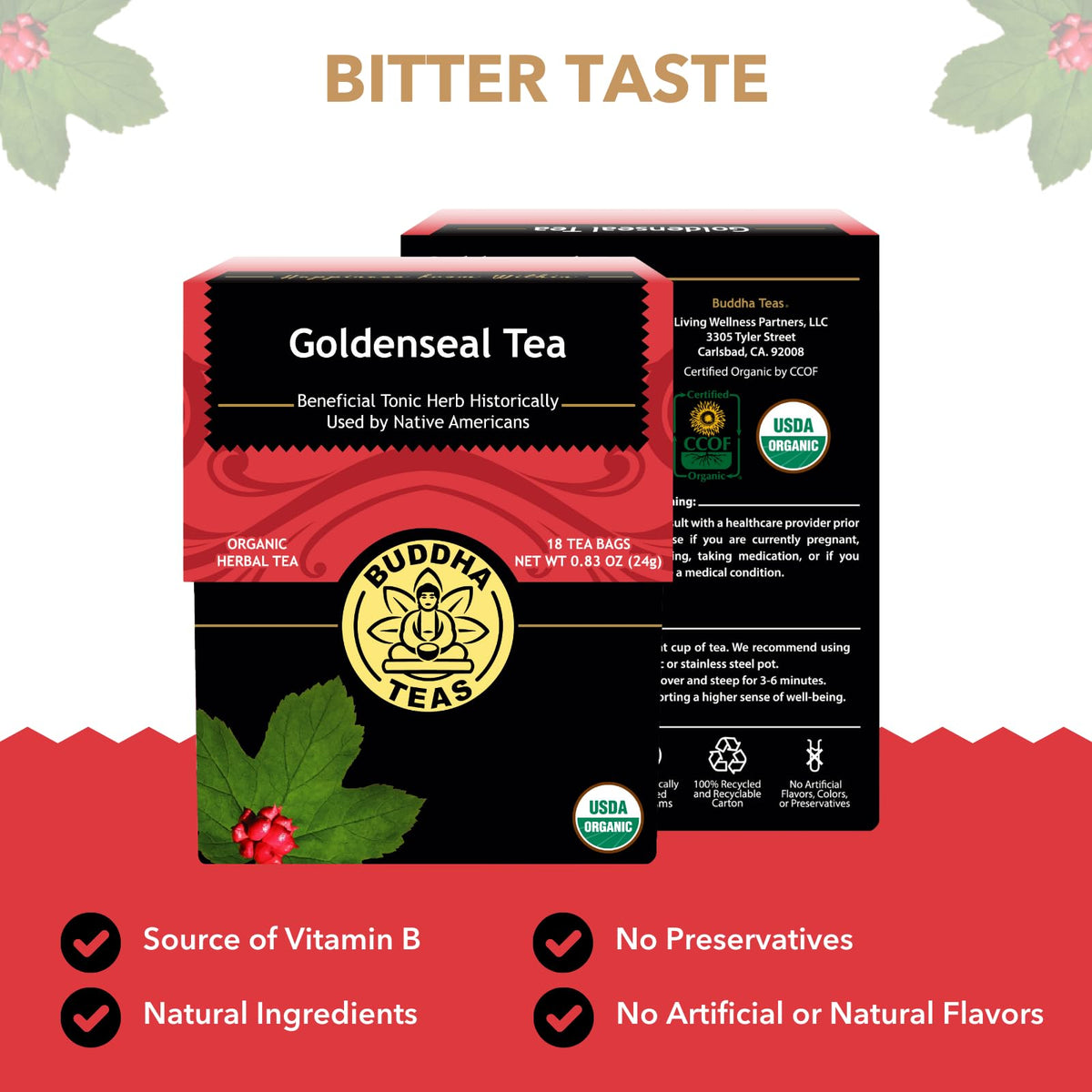 Buddha Teas Organic Goldenseal Tea cup in use, caffeine-free infusion.