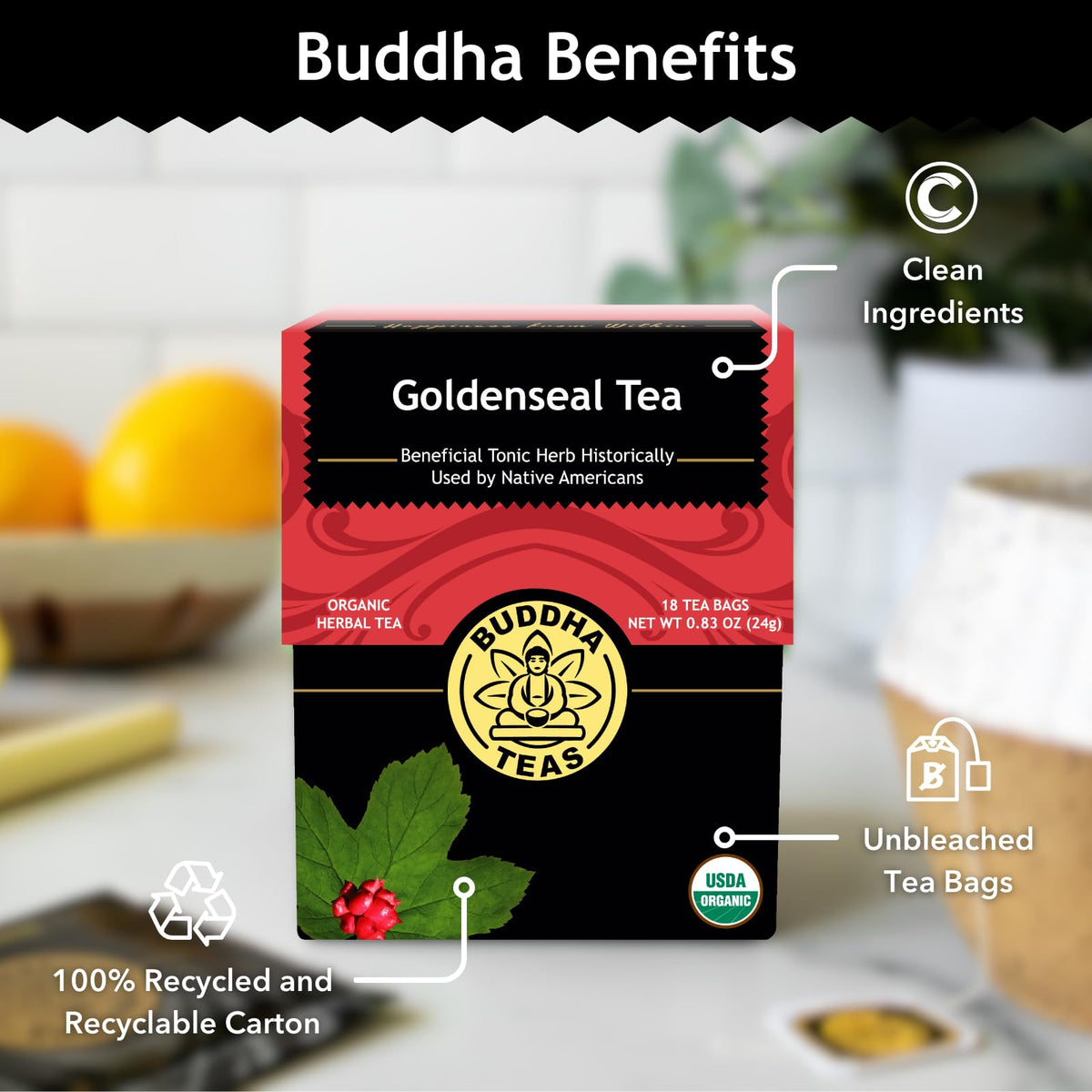 Buddha Teas Goldenseal tea steeping for a caffeine-free ritual.