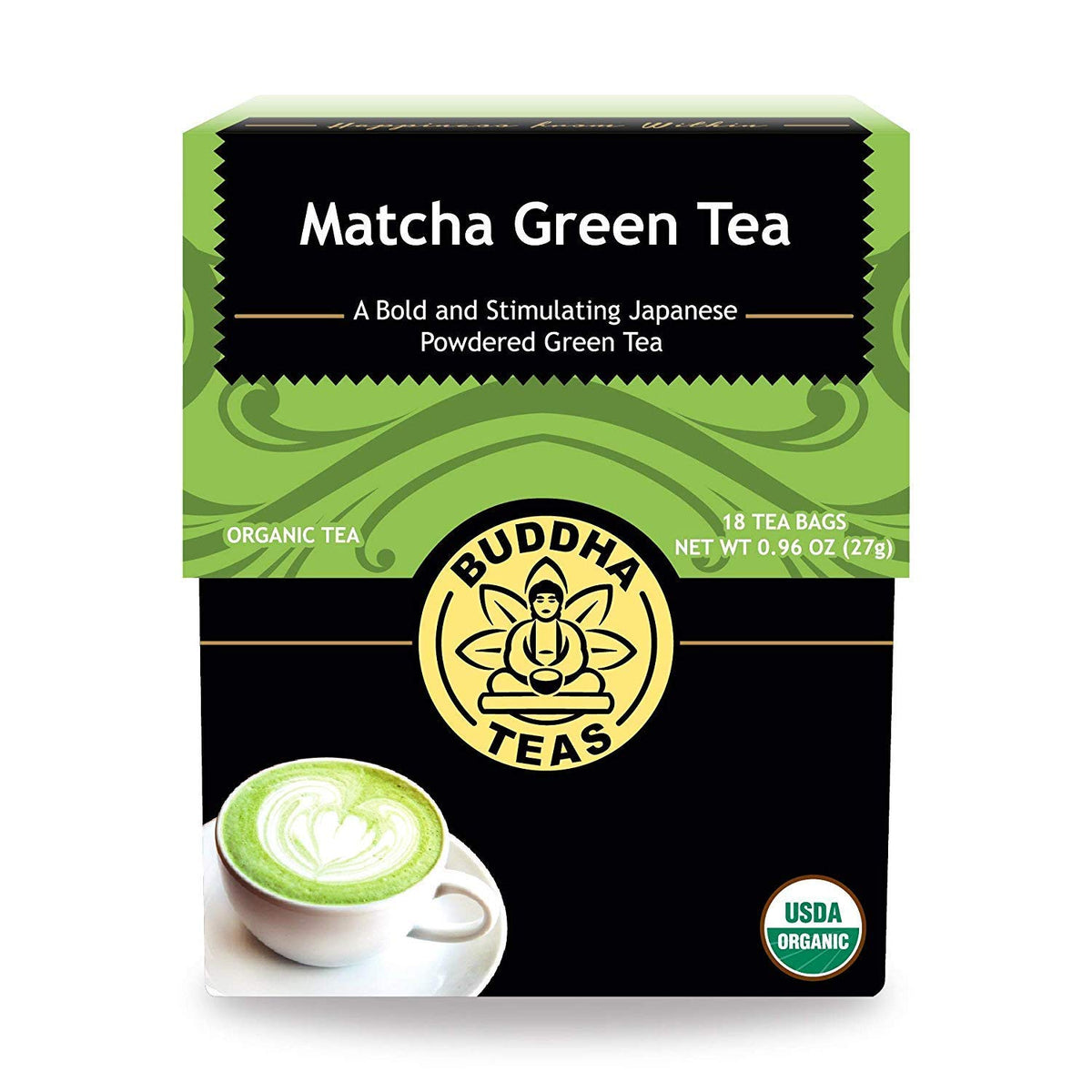 Buddha Teas matcha green tea packaging highlighting organic ingredients for clean brewing