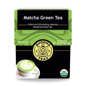 Buddha Teas matcha green tea packaging highlighting organic ingredients for clean brewing