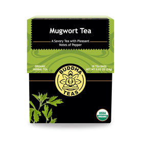 Buddha Teas Mugwort Tea bags closeup highlighting organic quality for a calming ritual