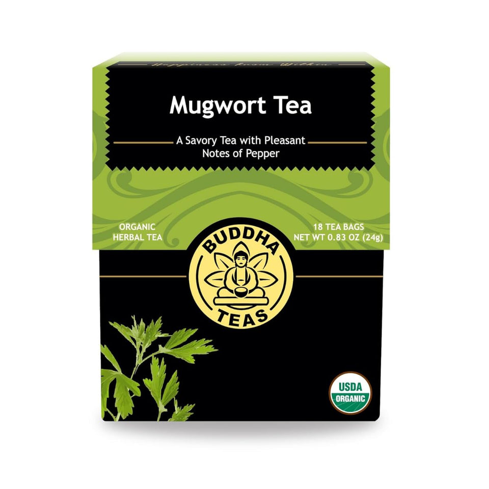 Buddha Teas Mugwort Tea bags closeup highlighting organic quality for a calming ritual
