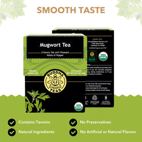 Buddha Teas Mugwort Tea packaging closeup shows organic certification and no additives