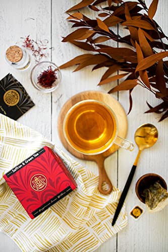 Buddha Teas saffron green tea cup steam—captivating ritual with caffeine to uplift.