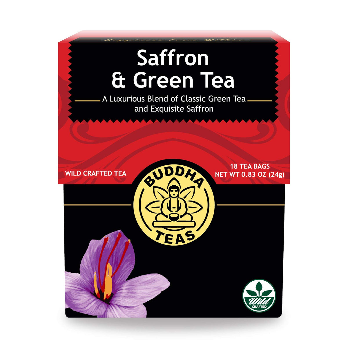 Buddha Teas Saffron Green Tea pack—aroma-rich blend with antioxidants for a balanced afternoon.