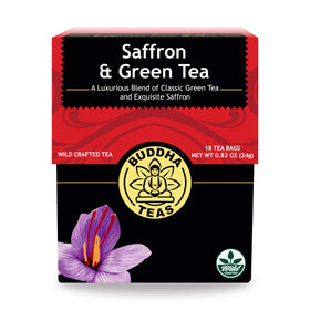 Buddha Teas Saffron Green Tea pack—aroma-rich blend with antioxidants for a balanced afternoon.