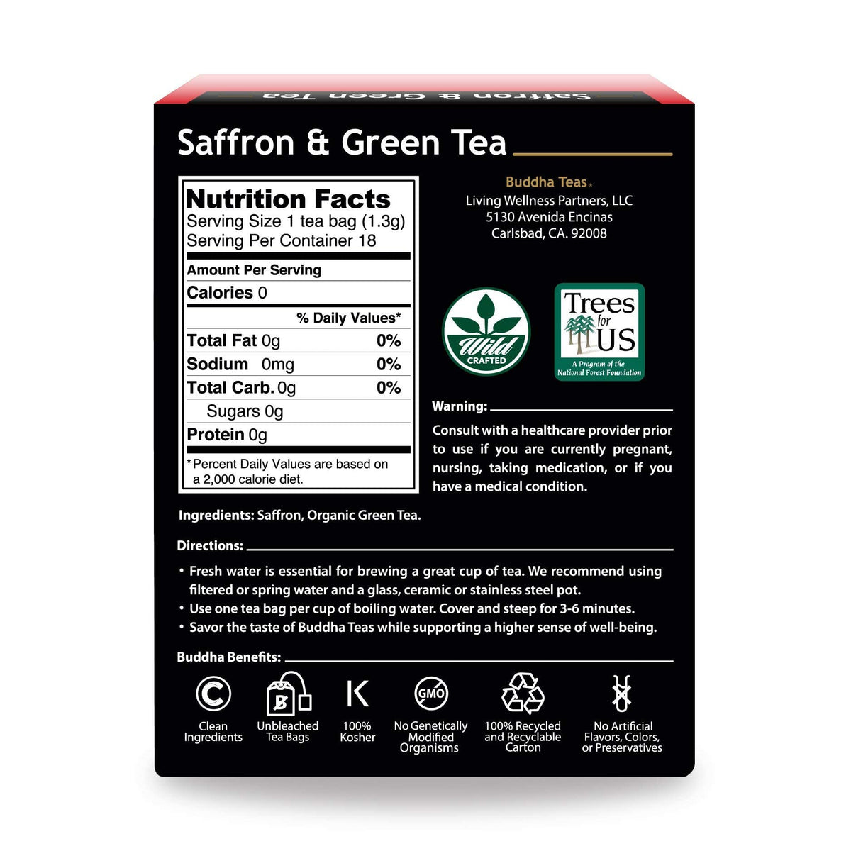 Buddha Teas saffron green tea packaging—premium packaging reflecting wild crafted tea.