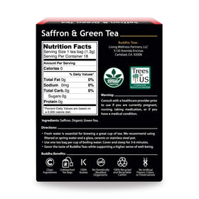 Buddha Teas saffron green tea packaging—premium packaging reflecting wild crafted tea.