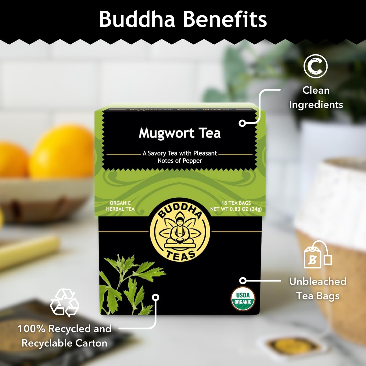 Buddha Teas Tea bag stack illustrates a caffeine-free herbal option