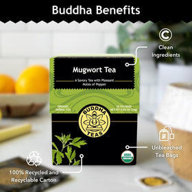 Buddha Teas Tea bag stack illustrates a caffeine-free herbal option