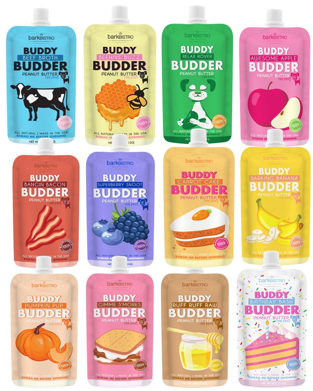 Buddy Budder 12-pack squeeze pouches for mess-free dog treats on the go