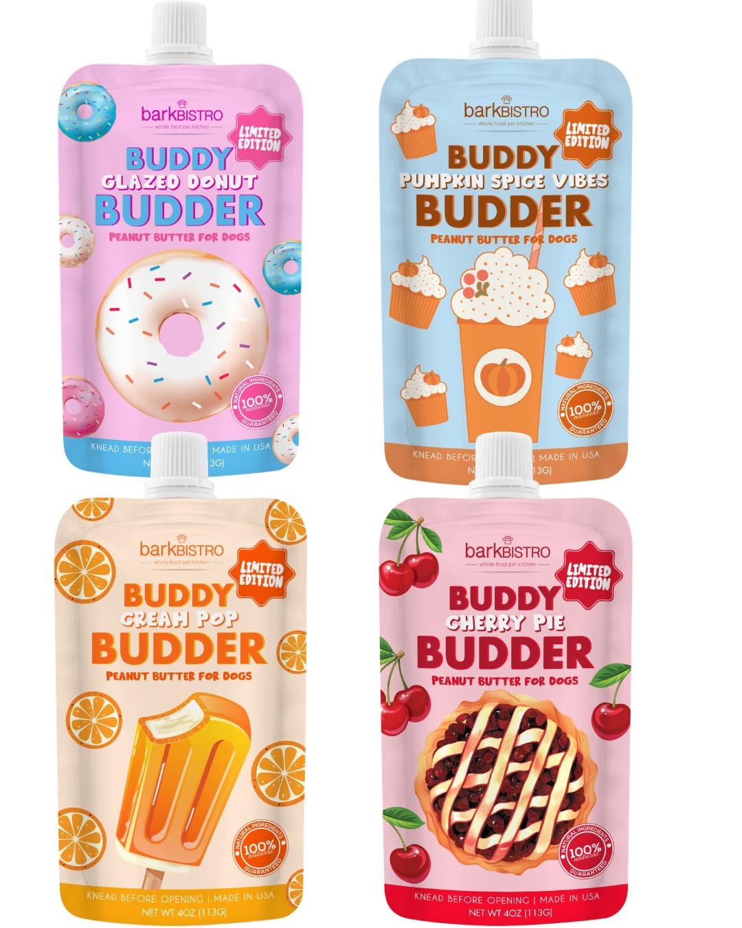 Buddy Budder 4pk Limited Edition squeeze packs for easy, mess-free rewards.