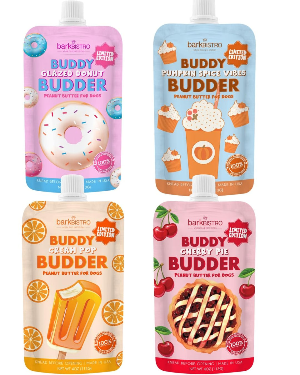 Buddy Budder 4pk Limited Edition squeeze packs for easy, mess-free rewards.
