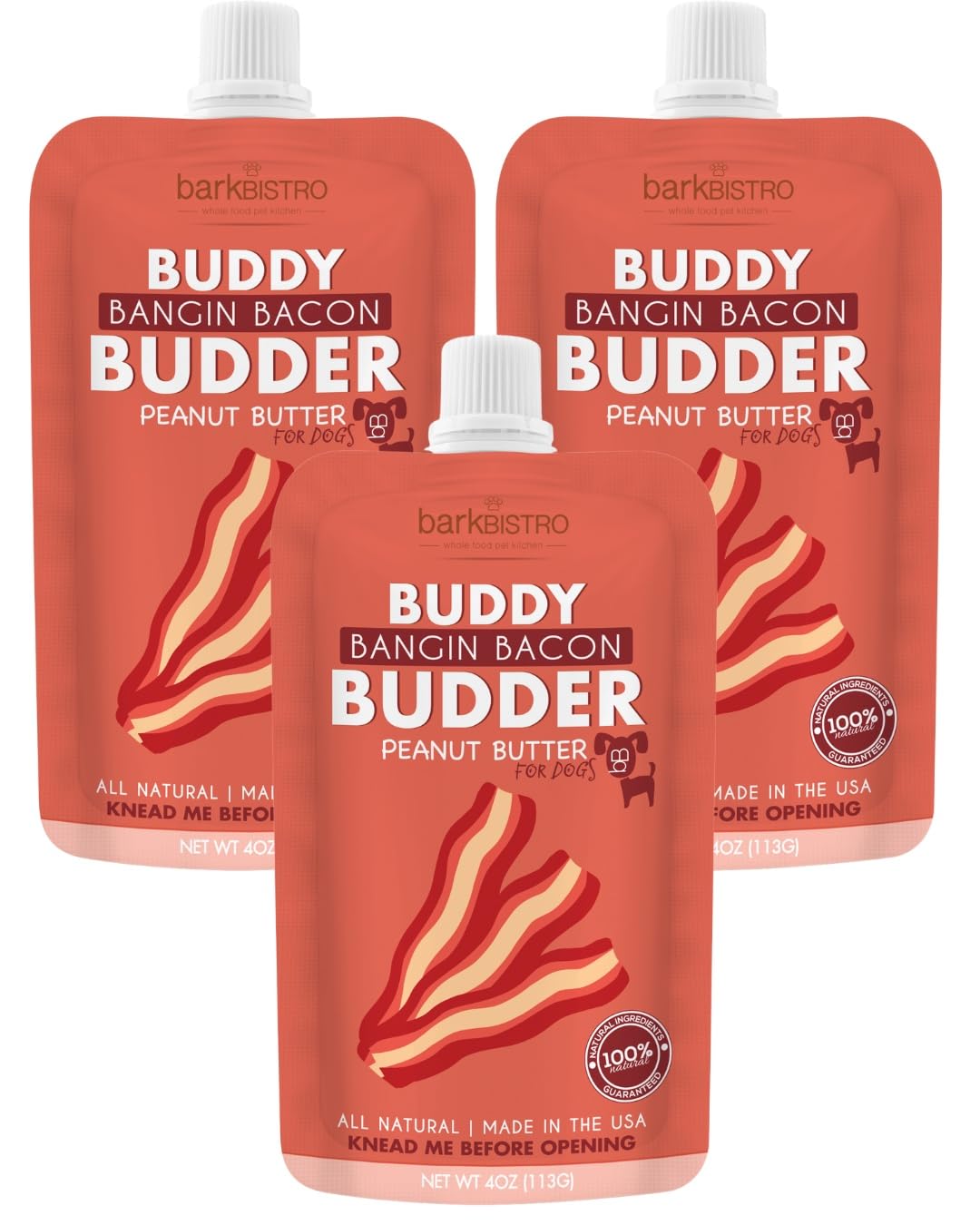 Buddy Budder Bangin Bacon peanut butter squeeze pack for dogs, ideal for on-the-go rewards.