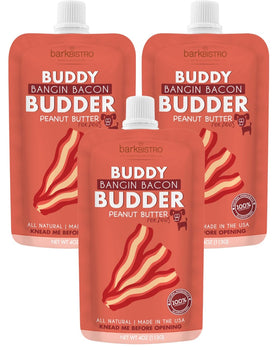 Buddy Budder Bangin Bacon peanut butter squeeze pack for dogs, ideal for on-the-go rewards.